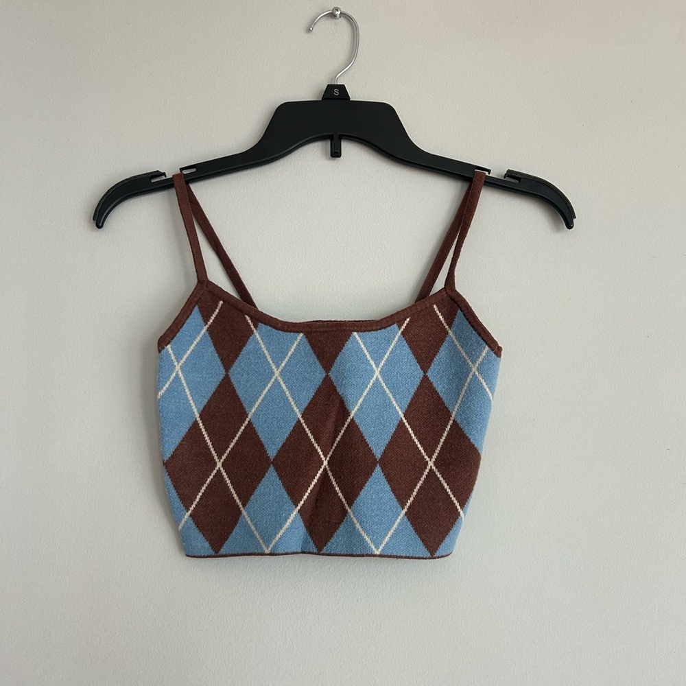 Argyle Knit Crop Top - Blue and Brown